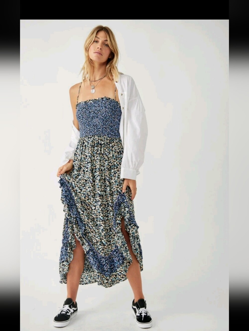 Free People Dress LARGE One I Love in Denim Combo Floral Midi Sundress Boho - Picture 7 of 9